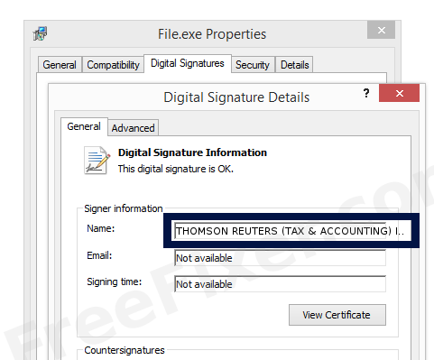 Screenshot of the THOMSON REUTERS (TAX & ACCOUNTING) INC. certificate